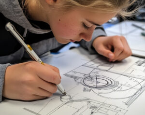 Student producing an assembly drawing