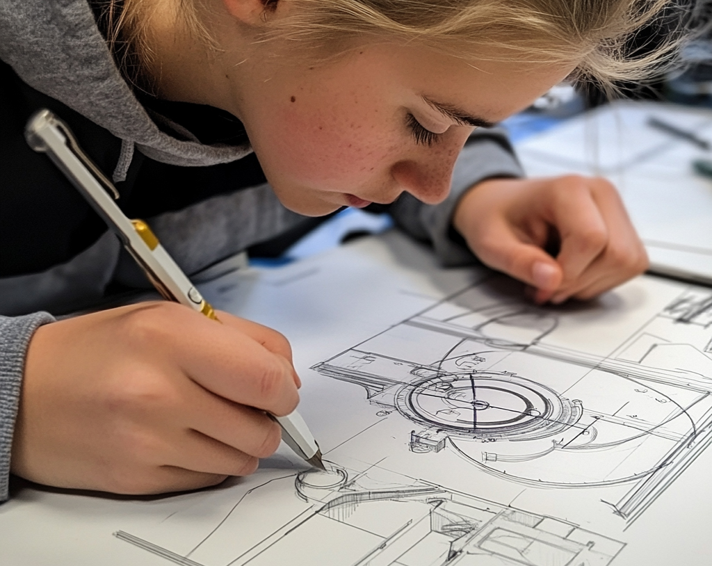 Student producing an assembly drawing