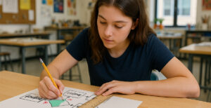 student drawing flow chart in a design studio
