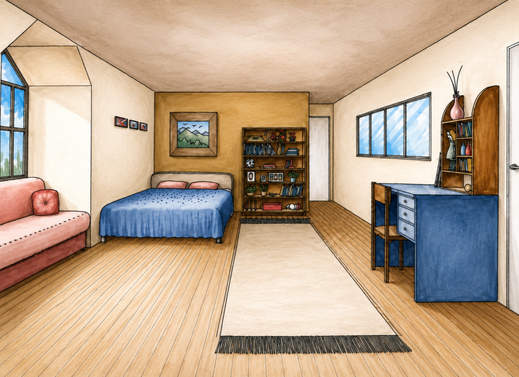 One point perspective drawing room interior