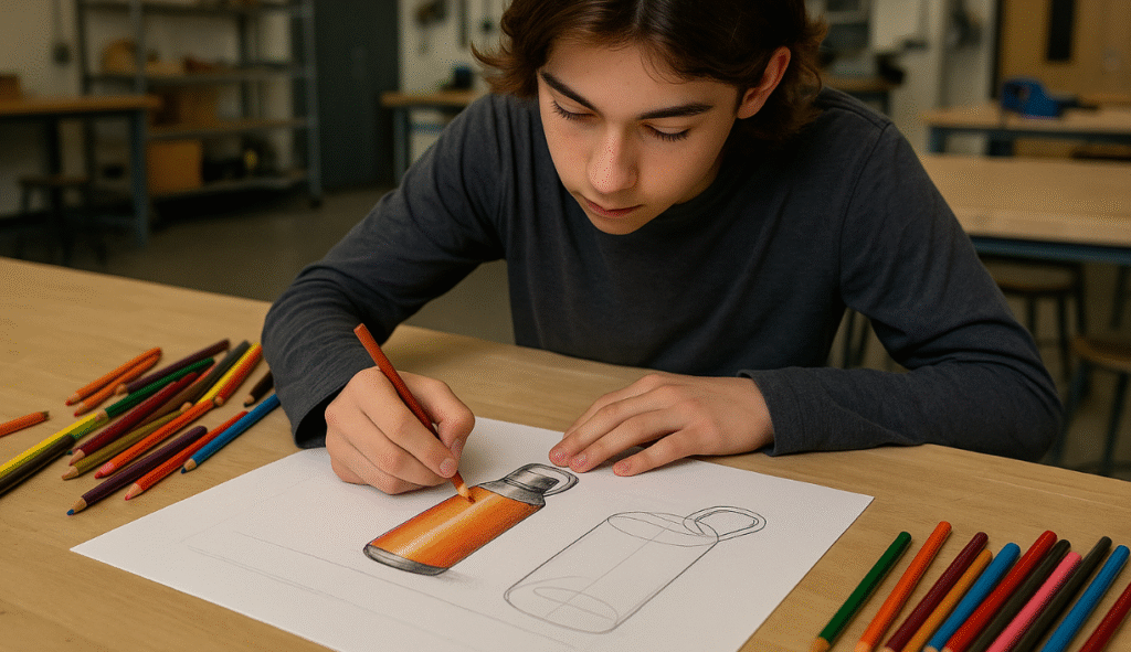 High school student learning how to render a design drawing