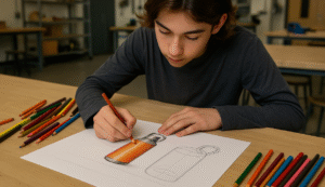 High school student learning how to render a design drawing