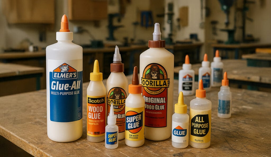 Different types of glue sitting on a workbench