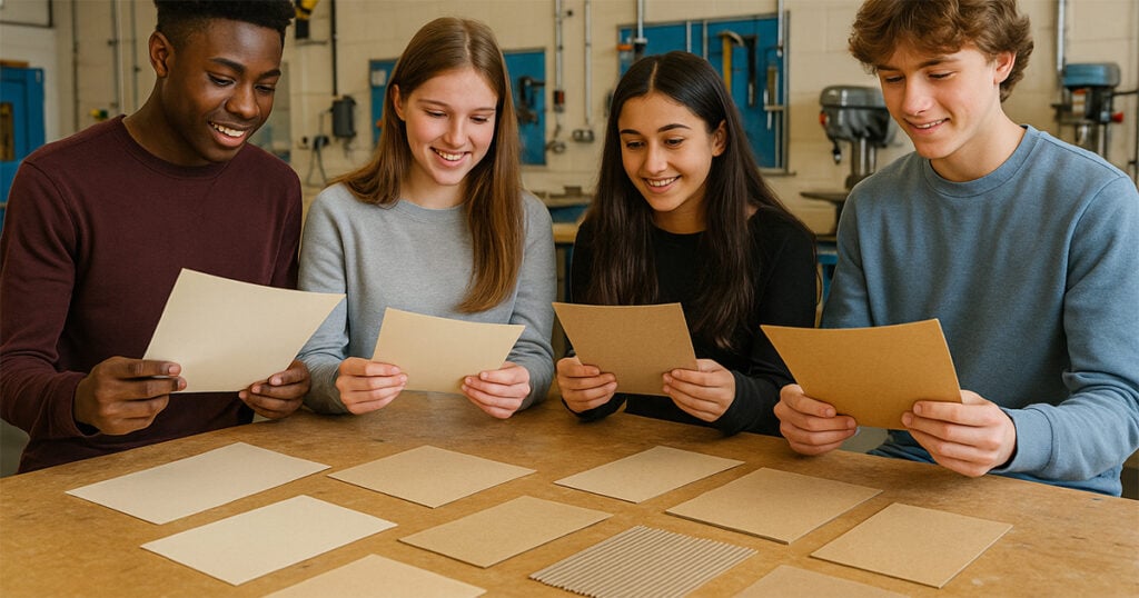 Students looking at types of paper and cardboard