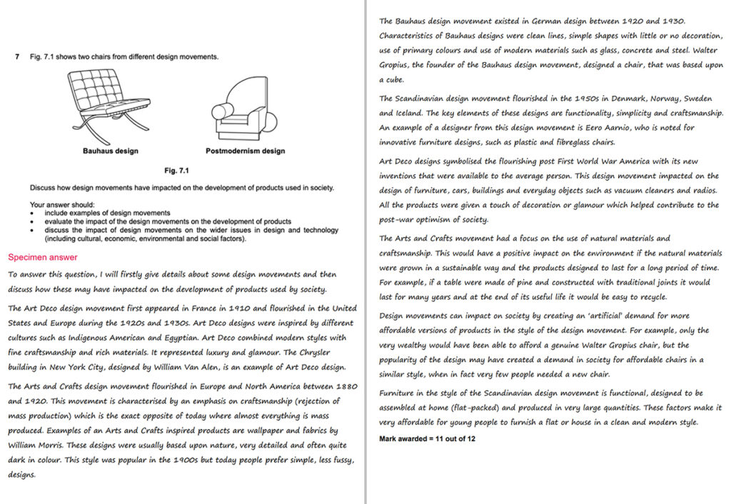 Extended written answer example in Design & Technology