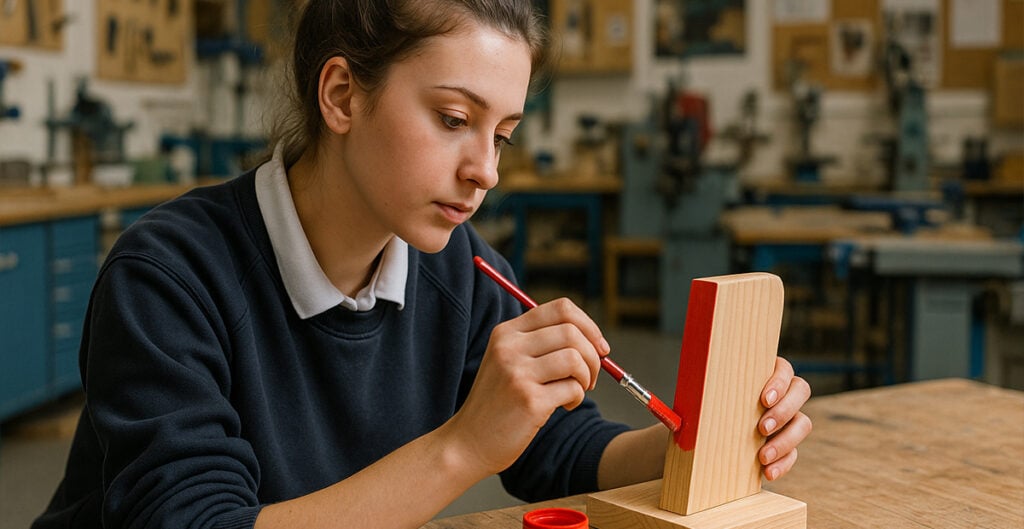 Student applying a painted finish to timber