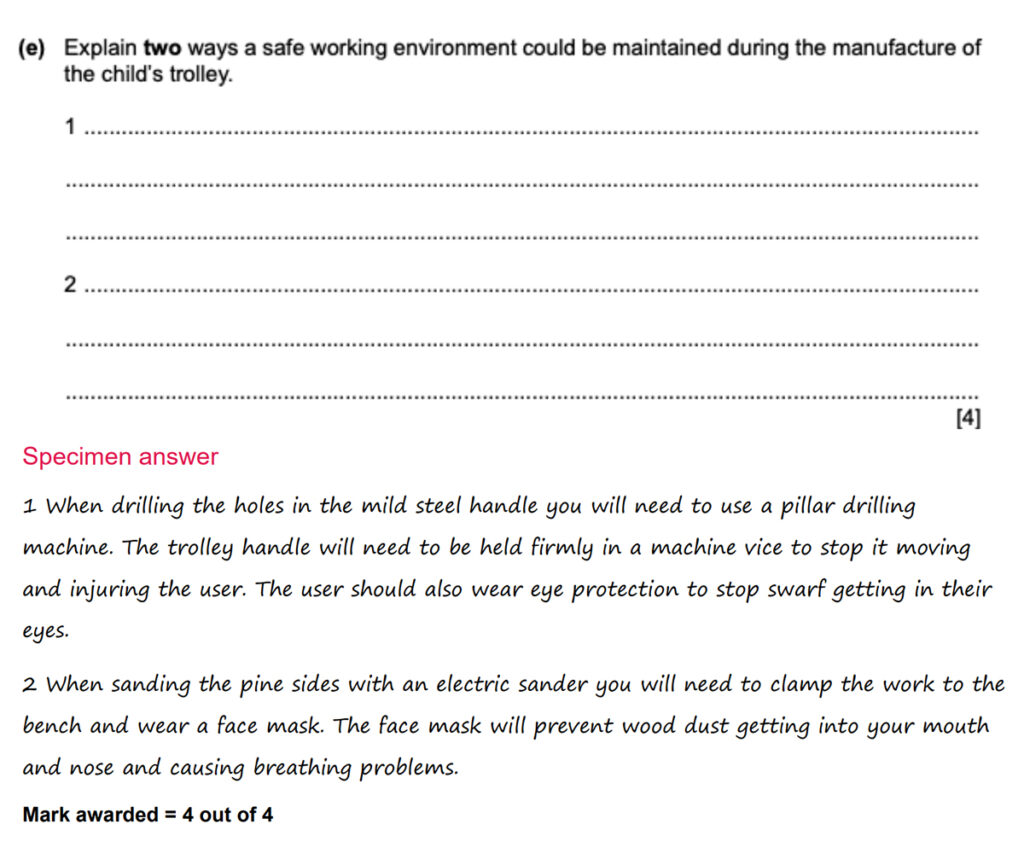 Health & Safety question in Design & Technology exam