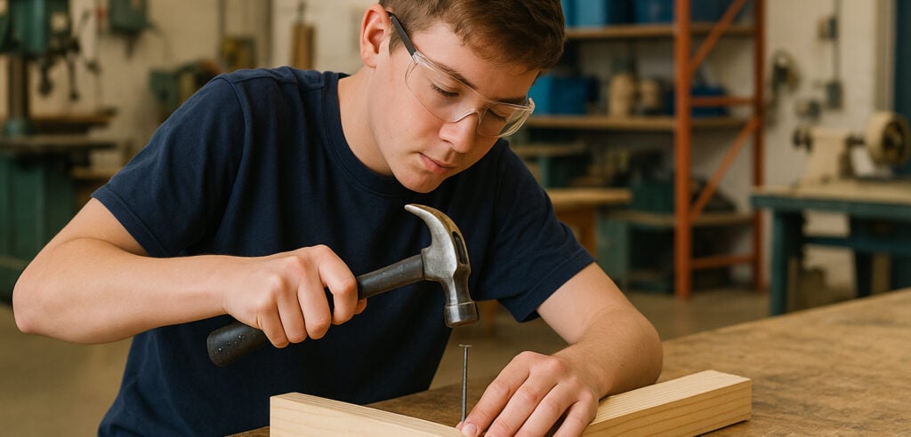 student joining timber using nails