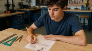 Student completing design technology essay writing